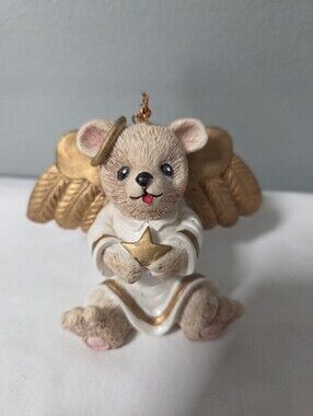 1996 Claire's Christmas Ornament Decor Teddy Bear Holding Star Angel Gold Wings